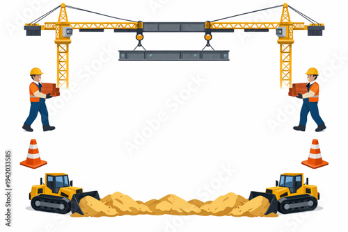 Industrial Construction Site Decorative Border Frame with Cranes and Machines