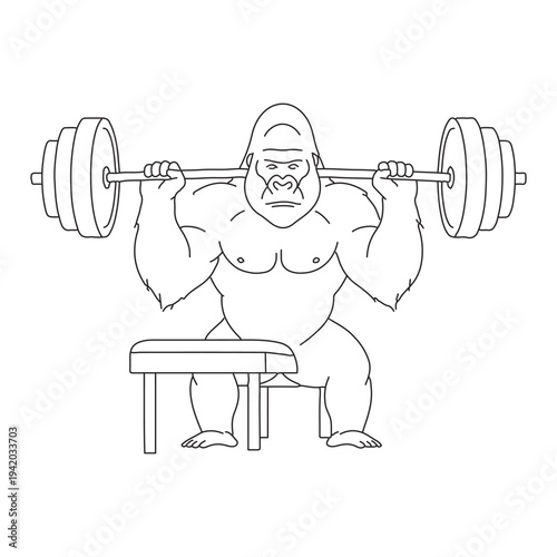 Gorilla lifting weights on a bench press in a gym  fitness and exercise