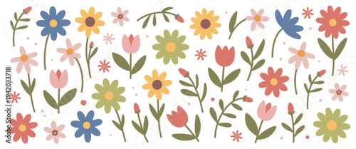 Assortment of hand-drawn floral elements and flowers Keywords: flowers, floral, botanical