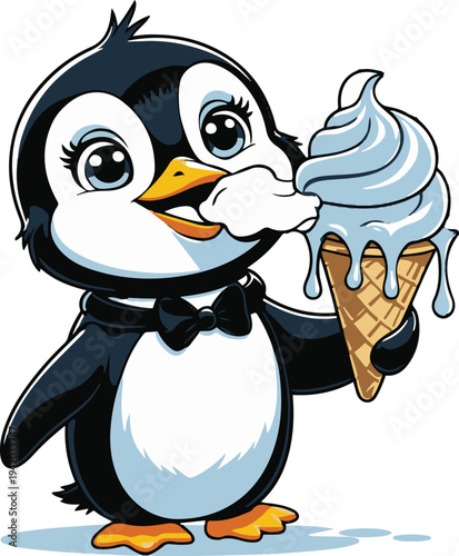  Penguin licking ice cream cone happily, cartoon vector mascot, bold thick black outline, sticker illustration, white background 1