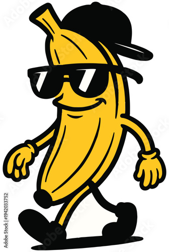 A humorous banana character with a cool street attitude. The exaggerated pose and confident facial expression create a playful design that works perfectly