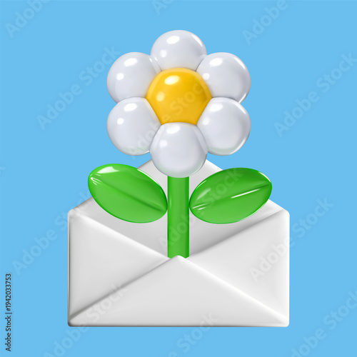 3d vector envelope with daisies, white spring flower mail concept, plastic illustration isolated on blue background, social media graphic