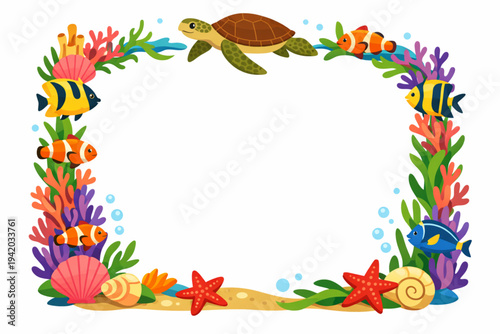 Underworld Sea Life and Coral Reef Decorative Border Frame Vector Illustration