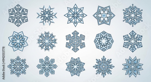 Collection of Various Blue Snowflakes with Unique Designs.