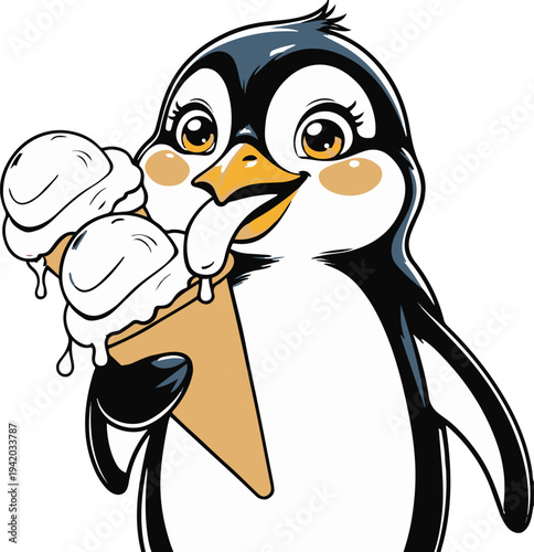  Penguin licking ice cream cone happily, cartoon vector mascot, bold thick black outline, sticker illustration, white background