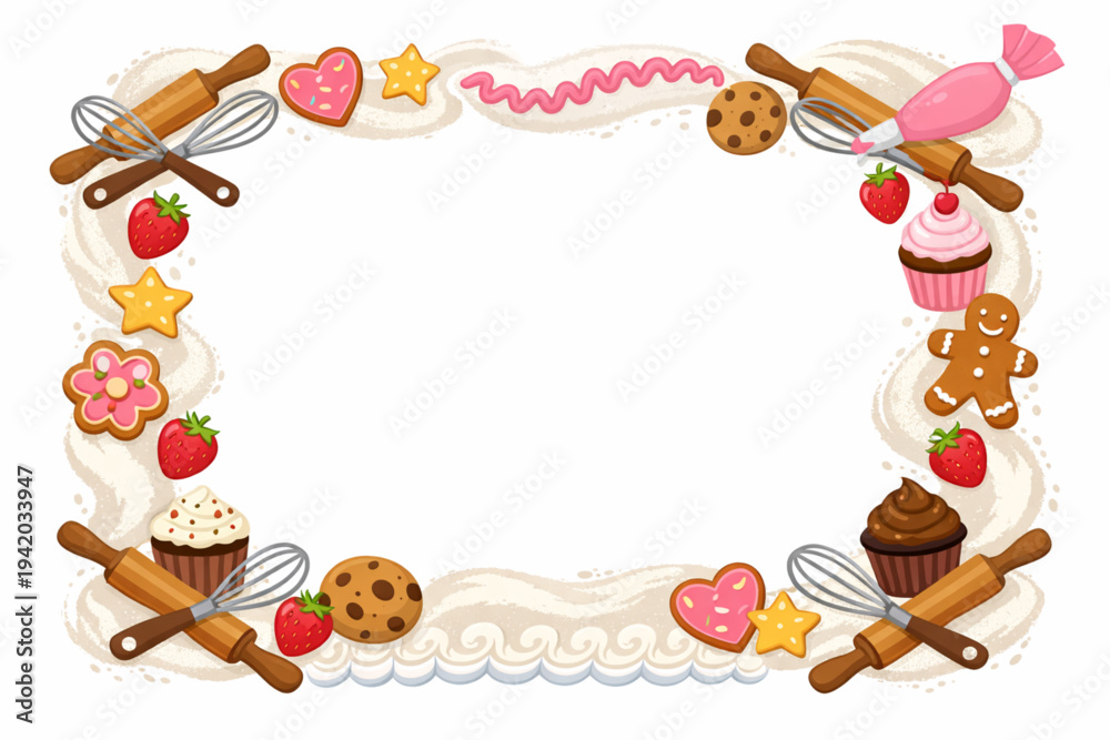 Fototapeta premium Baking and Pastry Kitchen Decorative Border Frame with Sweets and Tools