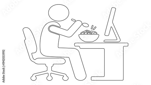 Line art illustration of a person eating a meal while working on a computer at a desk, multitasking concept.
