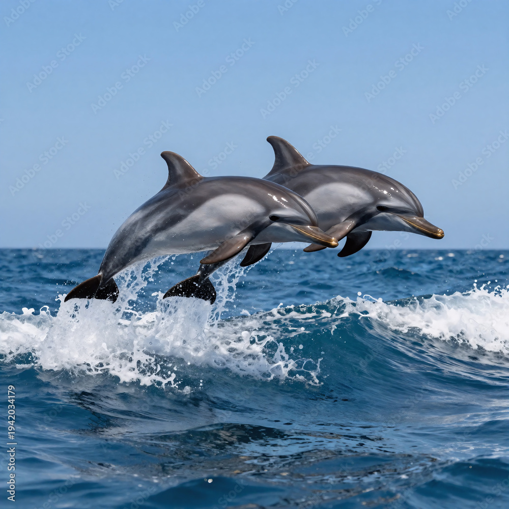 Obraz premium mecha sea jumping. two dolphins leap in bright blue ocean under sunny sky