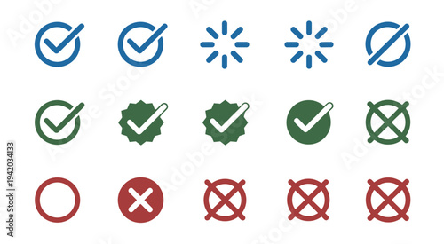 Set of Check Mark and Cross Icons in Blue Green and Red Keywords: check mark, cross, icon