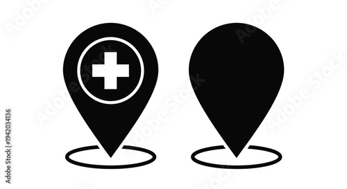 Two black location pin icons one with a medical cross a clean silhouette