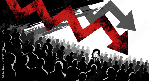 Businessman standing in crowd with arrows.