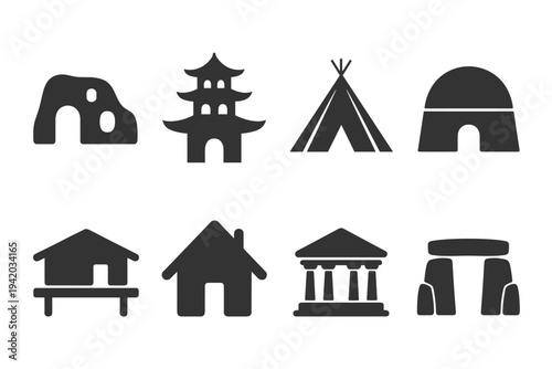 Silhouette icons of diverse architectural structures and shelters