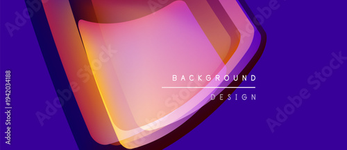 Abstract design features layered shapes, vibrant colors. Purple background complements orange, pink gradients. Modern aesthetic, clean typography present.