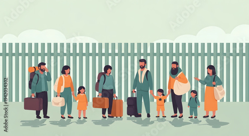 Diverse family with luggage standing together.