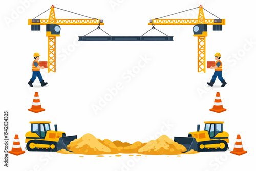 Industrial Construction Site Decorative Border Frame with Cranes and Machines