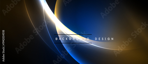 Abstract design features flowing lines, gradients. Blue, gold hues dominate dark background. Text reads background design. Modern, elegant aesthetic.