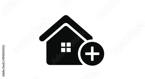 Simple house icon with a plus symbol black silhouette