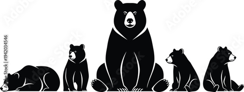 Black bear silhouette set, cad drawing flat vector illustration, grizzly mother and cubs, forest wildlife icons isolated on white background.
