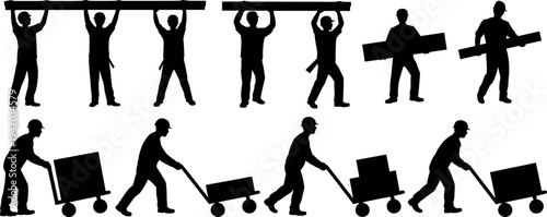 Set of silhouettes featuring construction workers and warehouse laborers carrying long wooden planks and pushing hand trucks with boxes, isolated on a white background, vector.