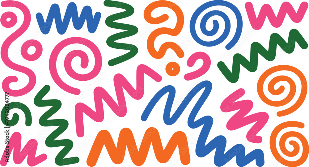 Fototapeta premium Playful bright colorful hand drawn squiggly lines spirals and zigzags create a vibrant pattern