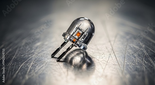 Macro shot of a tiny LED light emitting diode electronic component resting on a scratched metal surface