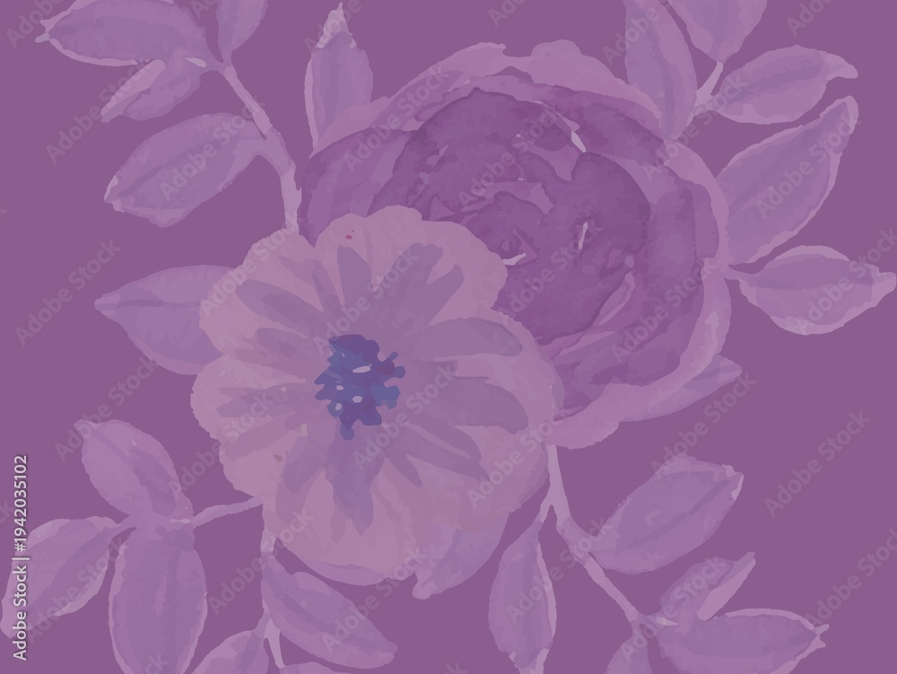 Fototapeta premium Vibrant floral painting featuring two large flowers depicted in shades of purple against a matching background.
