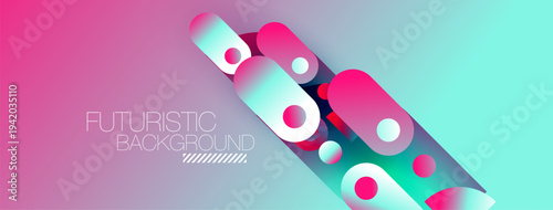 Abstract geometric shapes overlap vibrant pink, turquoise gradients. Modern design suggests technology, innovation, digital art.