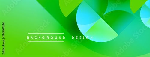 Abstract green background features overlapping shapes, gradients. Text reads background design. Modern, vibrant visual composition.