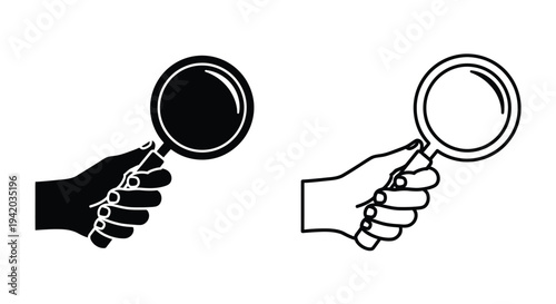 Two hands holding magnifying glasses in contrasting styles silhouette