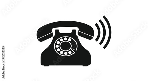 Vintage rotary telephone icon in a stark black silhouette