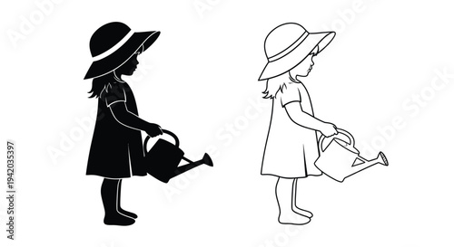 Two young girls with hats and watering cans black outline silhouette
