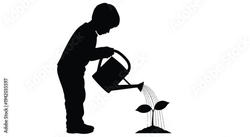 Child watering a small plant with a watering can silhouette