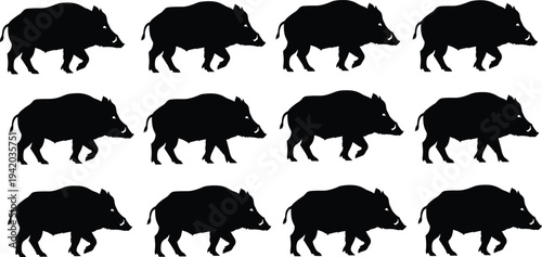 Black wild boar silhouette set on white background isolated group of forest animals for hunting logos and nature vector design