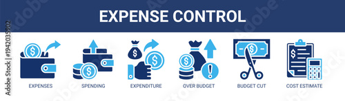 Expense Control web banner icon vector illustration concept with icons of expenses, spending, expenditure, over budget, budget cut, and cost estimate.