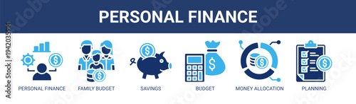 Personal Finance web banner icon vector illustration concept with icons of personal finance, family budget, savings, budget, money allocation, and planning.