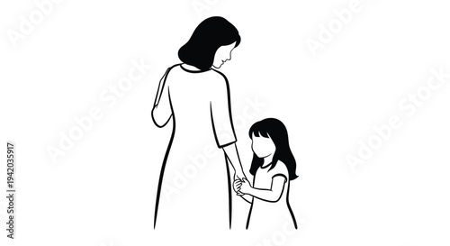 A mother and daughter walk hand in hand viewed from behind silhouette