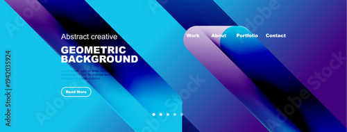 Abstract geometric background. Vibrant blue, purple hues dominate design. Website header includes navigation options, call to action.