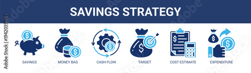 Savings Strategy web banner icon vector illustration concept with icons of savings, money bag, cash flow, target, cost estimate, and expenditure.