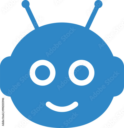 Blue robot head icon with antennae, happy face, eyes and smile on transparent background