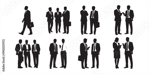 Print  collection of different silhouette vector male body posing with business working suit, isolated on white background