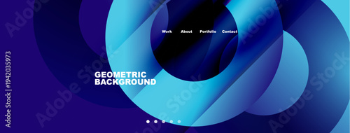 Abstract geometric background features layered blue shapes. Text displays navigation options work, about, portfolio, contact. Minimalist design.