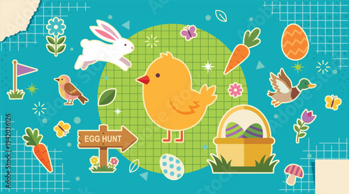 Easter collage banner with Easter objects. Easter trendy background. Concept of Easter, spring, holiday celebration.