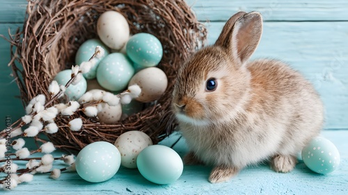 Easter brown bunny with colorful speckled Easter eggs. Fresh spring flowers on a rustic wooden table. Traditional holiday celebration in a sunny garden. painted Easter eggs