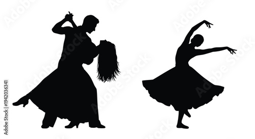 Elegant couple dancing a ballroom waltz in a striking silhouette
