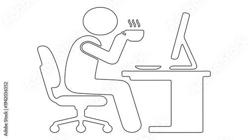 Minimalist line art illustration of a businessman drinking coffee while working on a computer at his desk.