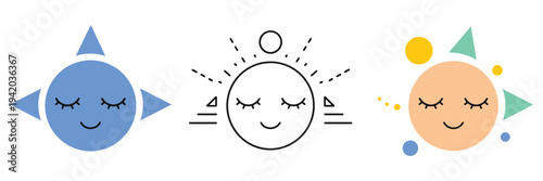 Emotional design minimal face, eyes gently closed within calming geometric shapes, editable vector illustration for mental health platforms