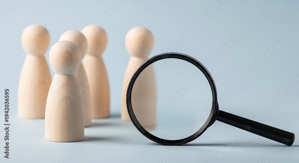 Fototapeta premium Wooden figures and magnifying glass on light blue background search research analysis