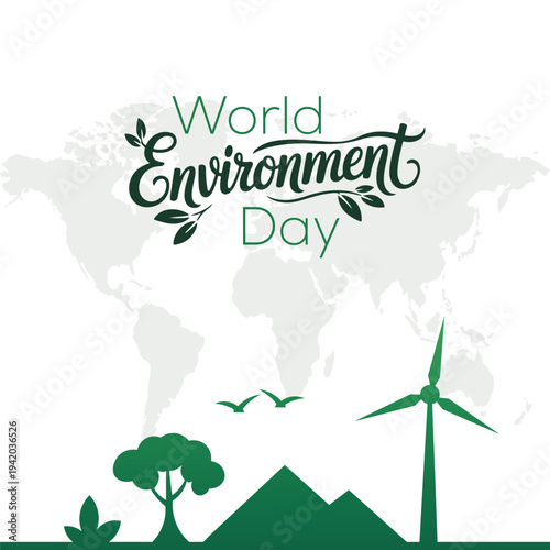 World Environment Day Eco Friendly Nature Concept with Wind Turbine, Green Landscape and Global Map Background