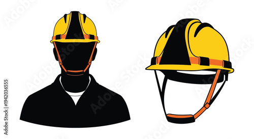 Two construction helmets one on a person depicted as a silhouette