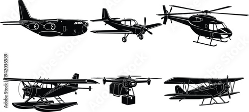 Aircraft silhouette illustration set, airplane helicopter drone artwork, aviation transport vector drawing, flight design concept